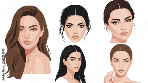 Beautiful portraits of five stylish women with various makeup looks and hairstyles, perfect for modern beauty and fashion designs.