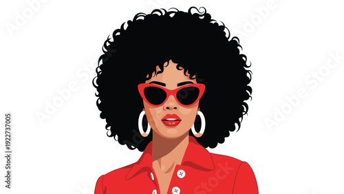 Stylish black woman with a large afro hairstyle wearing red cat eye sunglasses and large hoop earrings on a plain background.