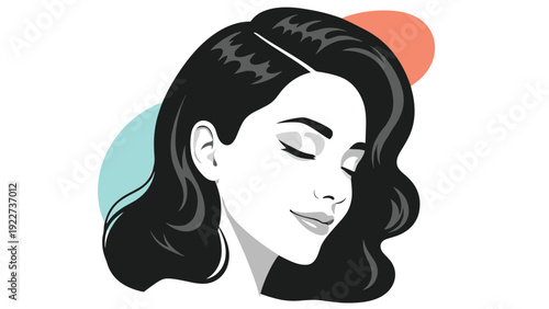 Stylized portrait of a beautiful young woman with dark wavy hair and closed eyes in a retro pop art illustration style.