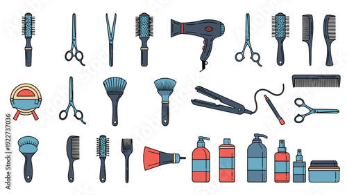 Comprehensive set of hair salon equipment icons including scissors, brushes, dryers, and products in a consistent flat design style.