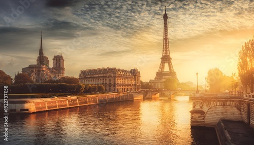 Golden Sunrise Over the Eiffel Tower and Seine River in Paris, France