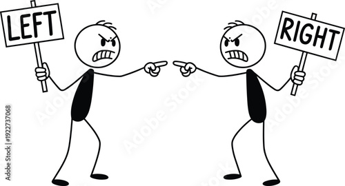 Angry stick figures holding left and right signs arguing fiercely, symbolizing political conflict, ideological division, opposing views, debate, rivalry illustration concept
