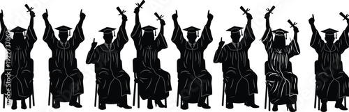 Silhouette of graduated students sitting in chairs holding diplomas and raising hands in celebration during a university commencement ceremony or high school graduation event.