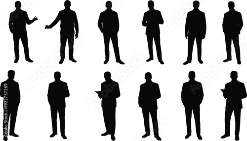 Business men silhouette collection featuring professional standing poses presenting communicating and holding documents isolated on white background for corporate and office concepts