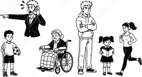 Line art vector of angry woman pointing on phone and diverse people teen boy with soccer ball elderly in wheelchair