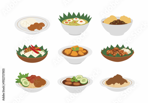 Flat Style Indonesian Traditional Food Set Various Dish Illustration