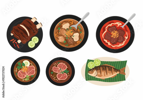 Flat Style Illustration Delicious Indonesian Food Culinary Set on Plate