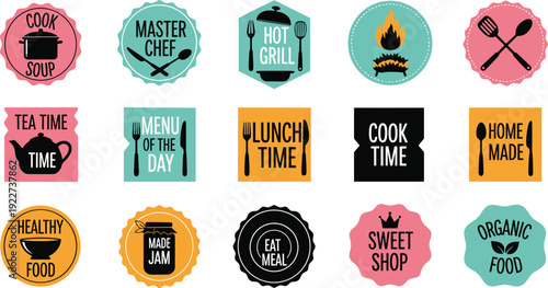 Cooking Badge and Food Label Set with Kitchen Quotes Restaurant Emblems and Vintage Style Stickers