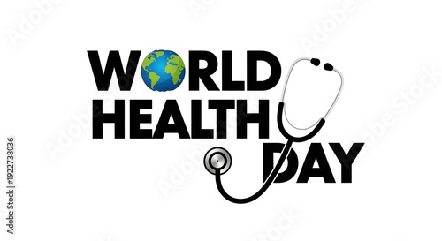World Health Day text with stethoscope and globe illustration for global health awareness and medical care concepts.