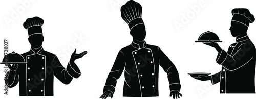 Chef silhouettes set with cooks presenting dishes and wearing uniform representing restaurant service, culinary profession and food preparation concept in vector illustration style