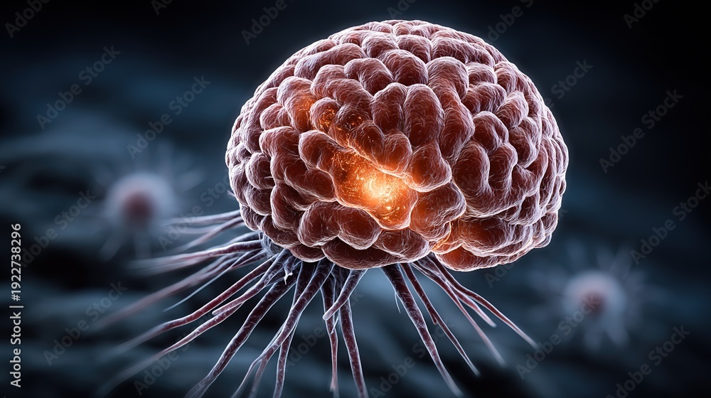 Fototapeta premium Medical illustration and diagnostic visualization of brain tumor, abnormal tissue growth in the human brain affecting neurological function. Concept for neurosurgery, oncology, brain cancer diagnosis