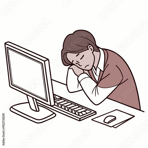 A woman resting her head on her hand while sitting at a computer