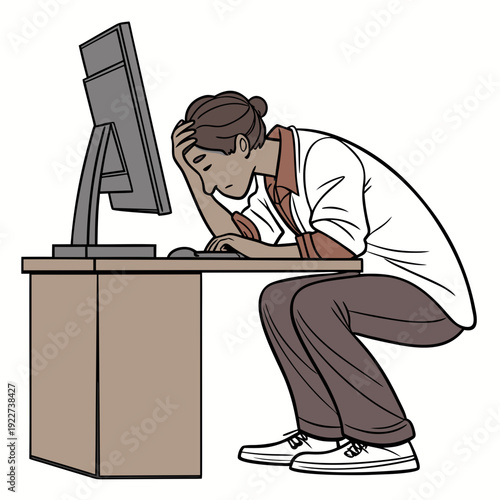 A cartoon man looking tired while sitting at his desk in front of a computer