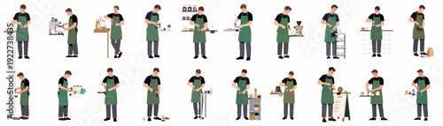 Male Barista Coffee Preparation Process: A comprehensive flat vector illustration set showcasing professional coffee making, brewing, and serving techniques in a modern cafe environment.