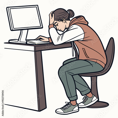 A woman sitting at a desk looking stressed while working on her computer