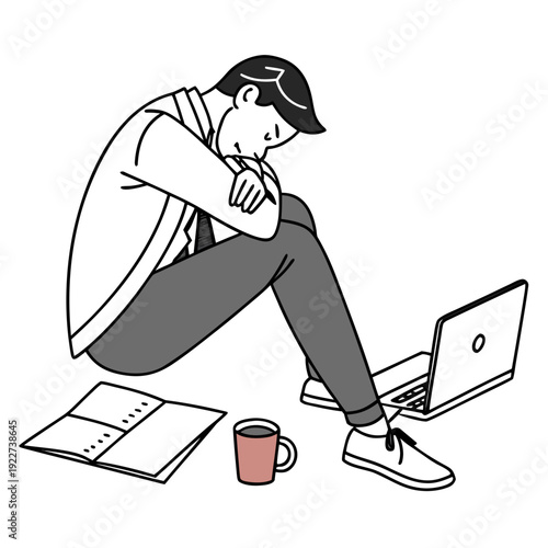 A man sitting on the floor with a laptop and notebook