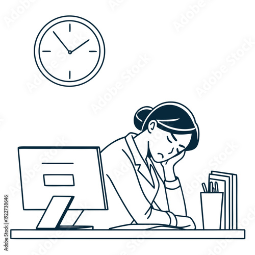 Woman feeling bored sitting at office desk with clock on wall