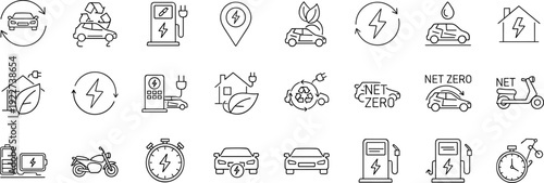 Electric Vehicle and Green Energy Line Icon Set with Charging Stations Eco Transport and Sustainability