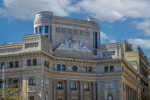 BARCELONA, CATALONIA, SPAIN: The historic BBVA building located on Passeig de Gràcia. Was constructed in the early 20th century in a blend of modernist and neoclassical styles.