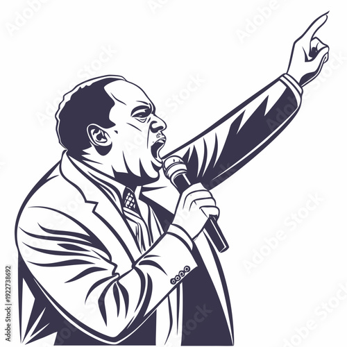 A man in a suit jacket holds a microphone and points