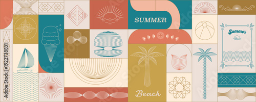Art Deco Summer Beach Pattern with Tropical Line Icons and Geometric Tiles banner background