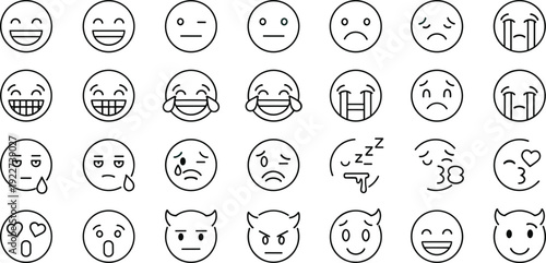 Emoji Expression Line Icon Set Featuring Happy Sad Crying Angry Sleeping and Cute Emoticon Faces for Chat Apps