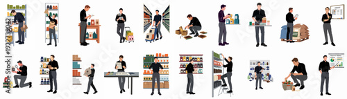 Collection of illustrations depicting men performing various inventory management tasks, including stock checking, weighing, organizing, and data analysis in a warehouse or store.