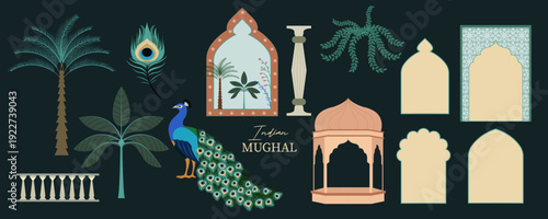 Indian Mughal Inspired element Set with Peacock and Palace Illustration for postcard invitation graphic design
