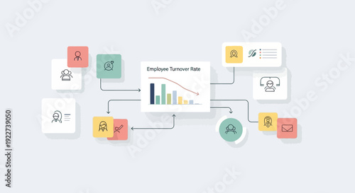 Employee turnover rate analysis with connected data icons and charts.