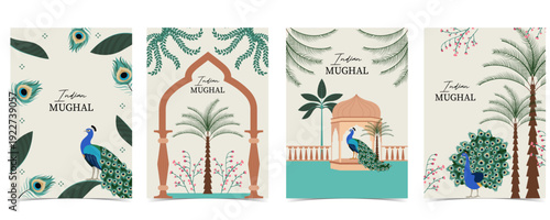 Indian Mughal Inspired background Set with Peacock and Palace Illustration for postcard invitation graphic design