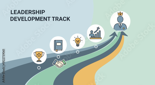Conceptual illustration of leadership development track with growth and achievement icons.