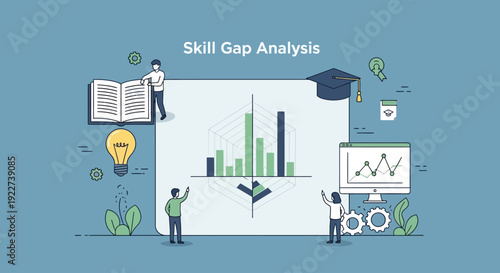 Illustration of skill gap analysis with people and charts in a business context.
