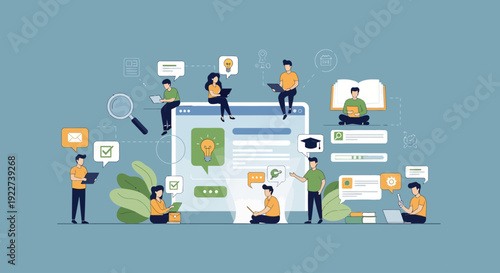 People collaborating on digital marketing and communication strategies with mobile devices and social media icons.