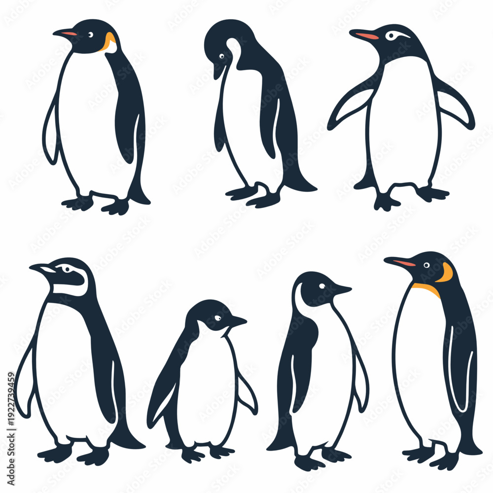 Obraz premium Cute penguin characters set in different poses with blue and white bodies and orange beaks. Friendly Antarctic bird collection for kids, winter themes, stickers and posters.