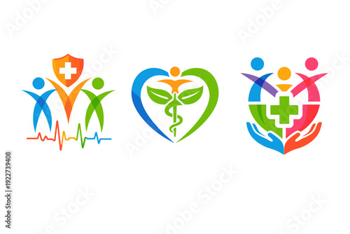 Modern medical emblem collection with shield, heart leaf and protection symbols, plus family healthcare icon and green cross. Concept of health insurance, prevention, safety and wellbeing.