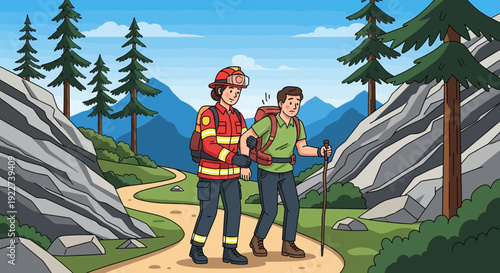 Two hikers one a rescuer walking on a mountain trail.