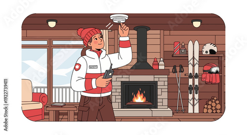 Woman checking smoke detector in a cozy ski lodge.