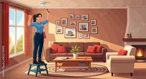 Woman cleaning ceiling fan with duster while standing on stool.