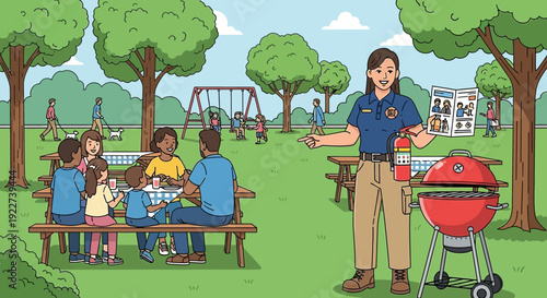 Woman Grilling Outdoors with Barbecue Utensils and Fire Extinguisher.