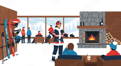 Woman in winter ski gear standing indoors.