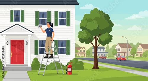 Woman on a ladder cleaning windows of a white house.