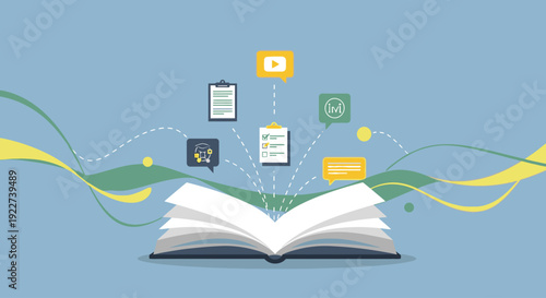 Open book with digital icons representing multimedia and online learning concepts.