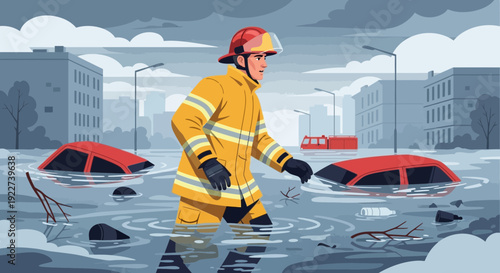 Brave Firefighter Navigates Floodwaters During Emergency Rescue Operation.