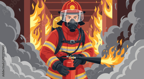 Brave Firefighter Extinguishing Flames with Fire Extinguisher.