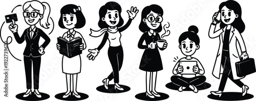 Line art close up of six women doing selfie reading waving holding coffee using tablet and walking with phone briefcase
