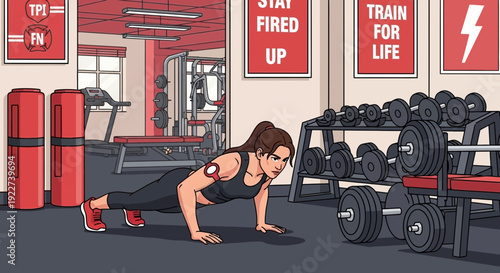 Determined woman performing pushups during an intense workout session.