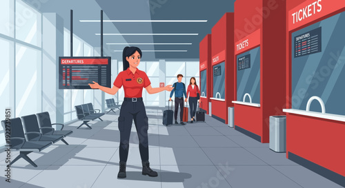 Female airport employee in red uniform guiding passengers.