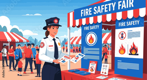 Female Firefighter Educating Public at Fire Safety Fair Booth.