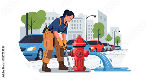 Female firefighter fixing a leaking fire hydrant on a city street.