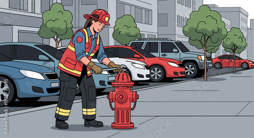 Female firefighter in uniform operating a fire hydrant on a city street.